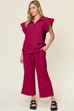 Load image into Gallery viewer, Double Take Texture Ruffle Short Sleeve Top and Drawstring Wide Leg Pants Set