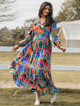 Load image into Gallery viewer, Printed Smocked Tie Neck Balloon Sleeve Maxi Dress