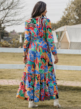 Load image into Gallery viewer, Printed Smocked Tie Neck Balloon Sleeve Maxi Dress