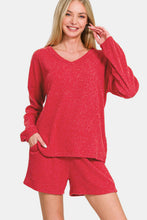 Load image into Gallery viewer, Zenana V-Neck Long Sleeve Ribbed Top and Shorts Set