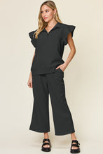 Load image into Gallery viewer, Double Take Texture Ruffle Short Sleeve Top and Drawstring Wide Leg Pants Set