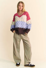 Load image into Gallery viewer, Davi & Dani Wavy Texture Color Block V-Neck Sweater