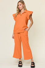 Load image into Gallery viewer, Double Take Texture Ruffle Short Sleeve Top and Drawstring Wide Leg Pants Set