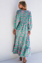 Load image into Gallery viewer, Smocked Printed Tie Neck Long Sleeve Dress