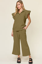 Load image into Gallery viewer, Double Take Texture Ruffle Short Sleeve Top and Drawstring Wide Leg Pants Set