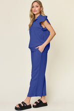 Load image into Gallery viewer, Double Take Texture Ruffle Short Sleeve Top and Drawstring Wide Leg Pants Set