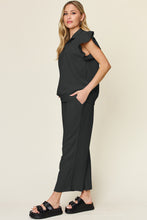 Load image into Gallery viewer, Double Take Texture Ruffle Short Sleeve Top and Drawstring Wide Leg Pants Set