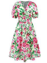 Load image into Gallery viewer, Ruched Printed Surplice Short Sleeve Dress

