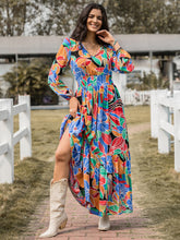Load image into Gallery viewer, Printed Smocked Tie Neck Balloon Sleeve Maxi Dress
