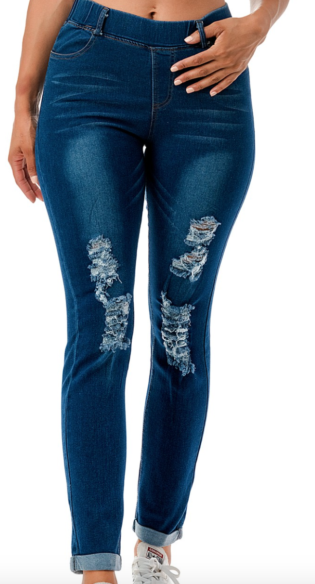 Pull-On Distressed Mom Jeans