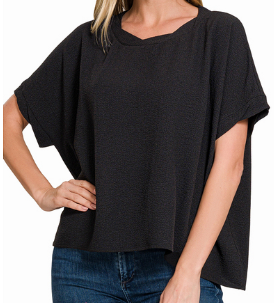 Woven Bubble Round Neck Top