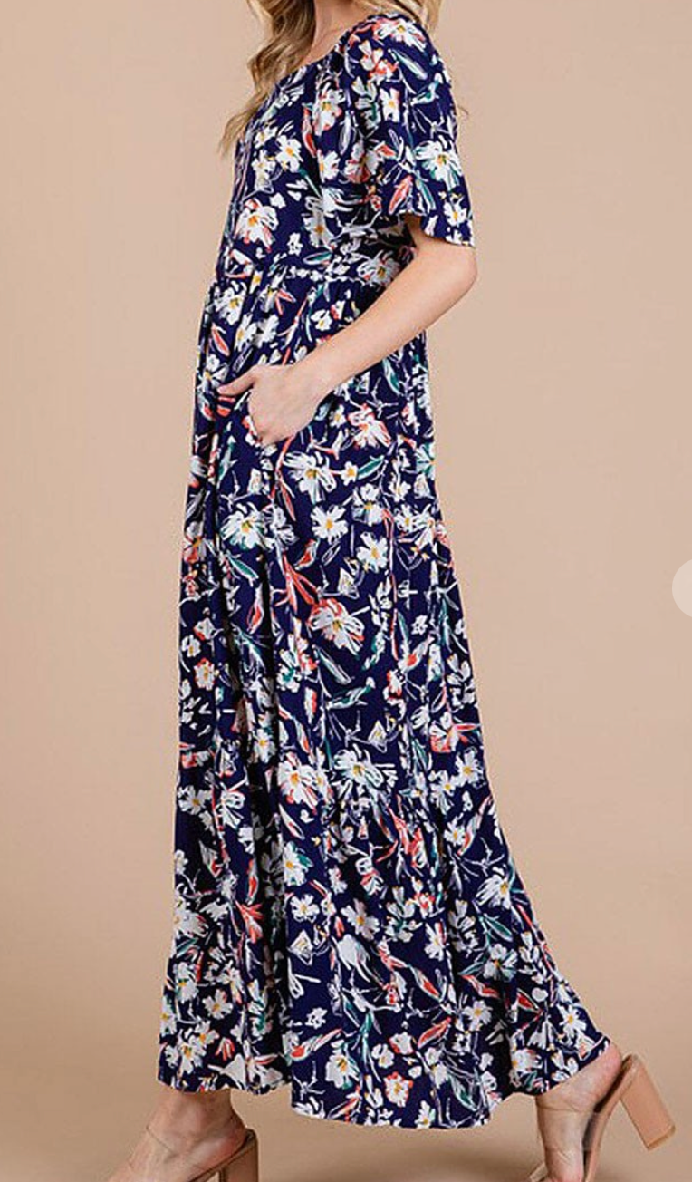 Navy Floral Square-Neck Maxi Dress